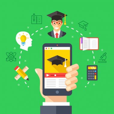 Mobil öğrenme, online eğitim kavramları. Online video tutorials ile Smartphone tutan el. Modern düz tasarım öğeleri, ince çizgi Icons set. Vektör çizim