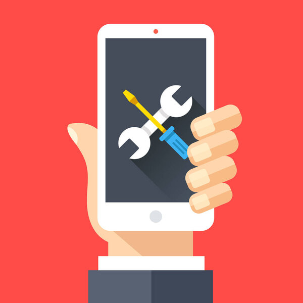 Wrench and screwdriver icon on smartphone screen. Hand holding smartphone. Fix, maintenance, mobile phone repair service concept. Flat design vector illustration