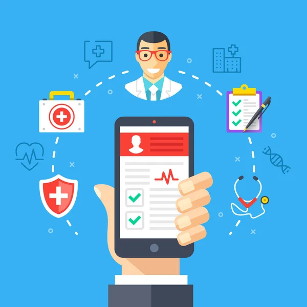 Mobile Medizin, mhealth, online doctor. Smartphone mit medizinischer App in der Hand. moderne flache Design-Grafikkonzepte, dünne Linien-Icons gesetzt. Vektorillustration — Stockvektor