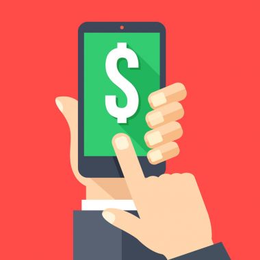 Dolar işareti smartphone ekranında. Mobil iş, e-ticaret, bütçe, Maliye app kavramları. Akıllı telefon, ekran dokunaklı parmak tutan el. Modern düz tasarım vektör çizim