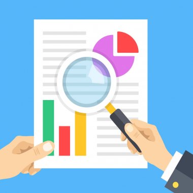 Mali rapor. Holding belge ile finansal veri, Büyüteç Camı tutan el el. Muhasebe, denetim, araştırma, planlama, Pazar analizi. Modern grafik tasarım vektör çizim