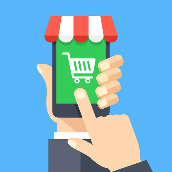 Online αγορές για την εφαρμογή στην οθόνη του smartphone. Κινητό ψώνια, σε απευθείας σύνδεση κατάστημα, e-commerce έννοιες. Χέρι που κρατά το smartphone, δάχτυλο, αγγίζοντας την οθόνη. Μοντέρνα επίπεδη σχεδίαση εικονογράφηση διάνυσμα — Διανυσματικό Αρχείο