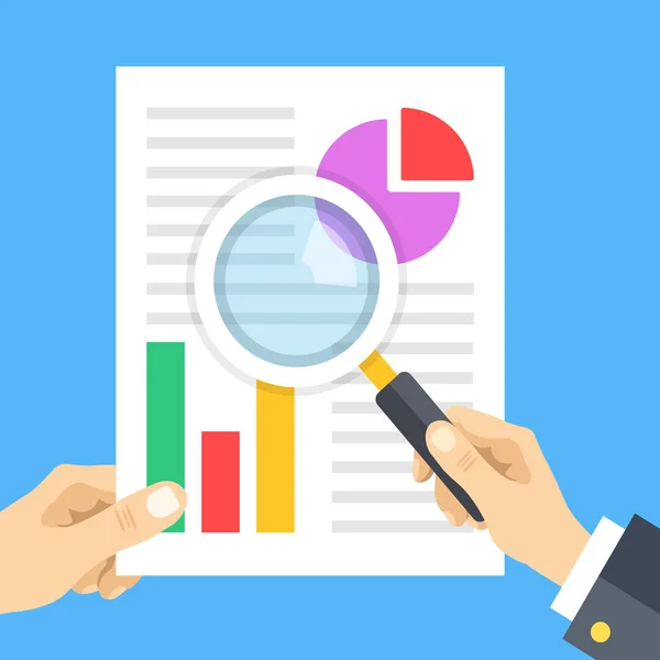 Ekonomisk rapport. Hand innehav dokument med finansiella data, hand med förstoringsglas. Redovisning, revision, forskning, planering, marknadsanalys. Modern grafisk design vektorillustration — Stock vektor