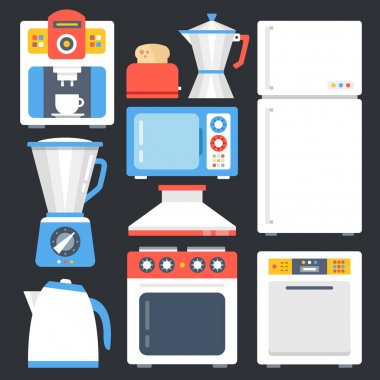 Mutfak aletleri, ev, ev aletleri ayarlayın. Modern düz Icons set, trendy grafik öğeleri, nesneler. Yaratıcı tasarım kavramları. Vektör çizim