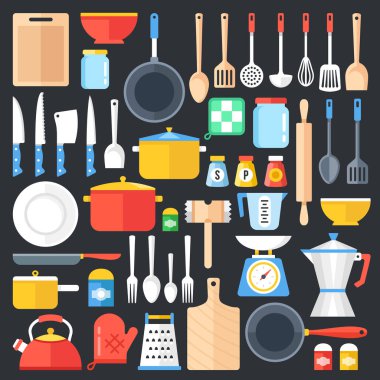 Mutfak eşyaları ayarlayın. Mutfak eşyası, tencere, mutfak araçları koleksiyonu. Modern düz Icons set, grafik öğeleri, nesneler. Düz tasarım konsepti. Vektör çizim