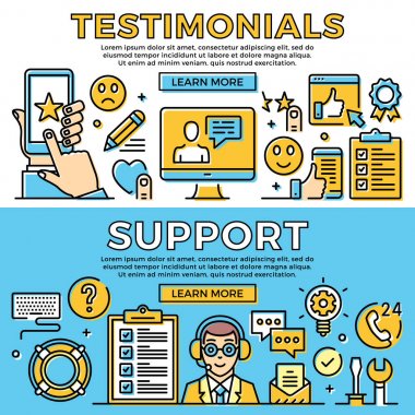 Görüşler, destek ince hat afiş ayarlayın. Müşteri desteği, geribildirim kavramı. Modern düz tasarım öğeleri satır Icons set. Sınıf kalitesi. Vektör çizim