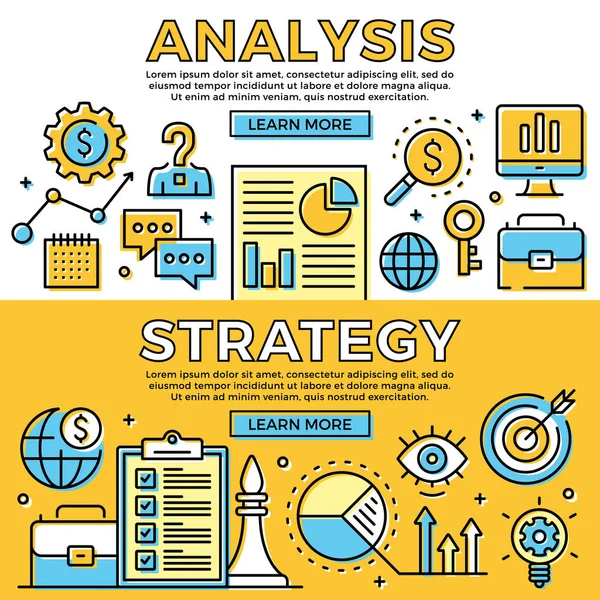 Analys, strategi tunn linje banderoller set. Marknadsföring, verksamhet. Moderna plattgränssnitt begrepp, linje ikoner anger. Premiumkvalitet. Vektorillustration — Stock vektor