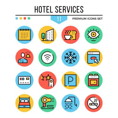 Otel hizmetleri simgeler. Çağdaş ince çizgi Icons set. Sınıf kalitesi. Anahat sembolleri, grafik kavramları toplama, düz çizgi simgeler. Vektör çizim