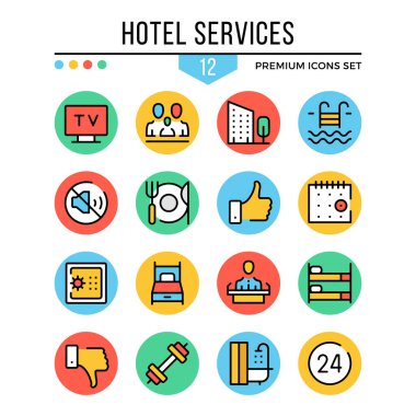 Otel hizmetleri simgeler. Çağdaş ince çizgi Icons set. Sınıf kalitesi. Anahat sembolleri, grafik öğeleri koleksiyonu, düz çizgi simgeler. Vektör çizim