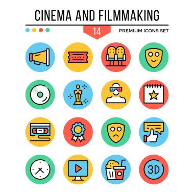 Sinema ve film yapımı simgeler. Çağdaş ince çizgi Icons set. Sınıf kalitesi. Anahat sembolleri, grafik kavramları, öğeleri, düz çizgi simgeler. Vektör çizim