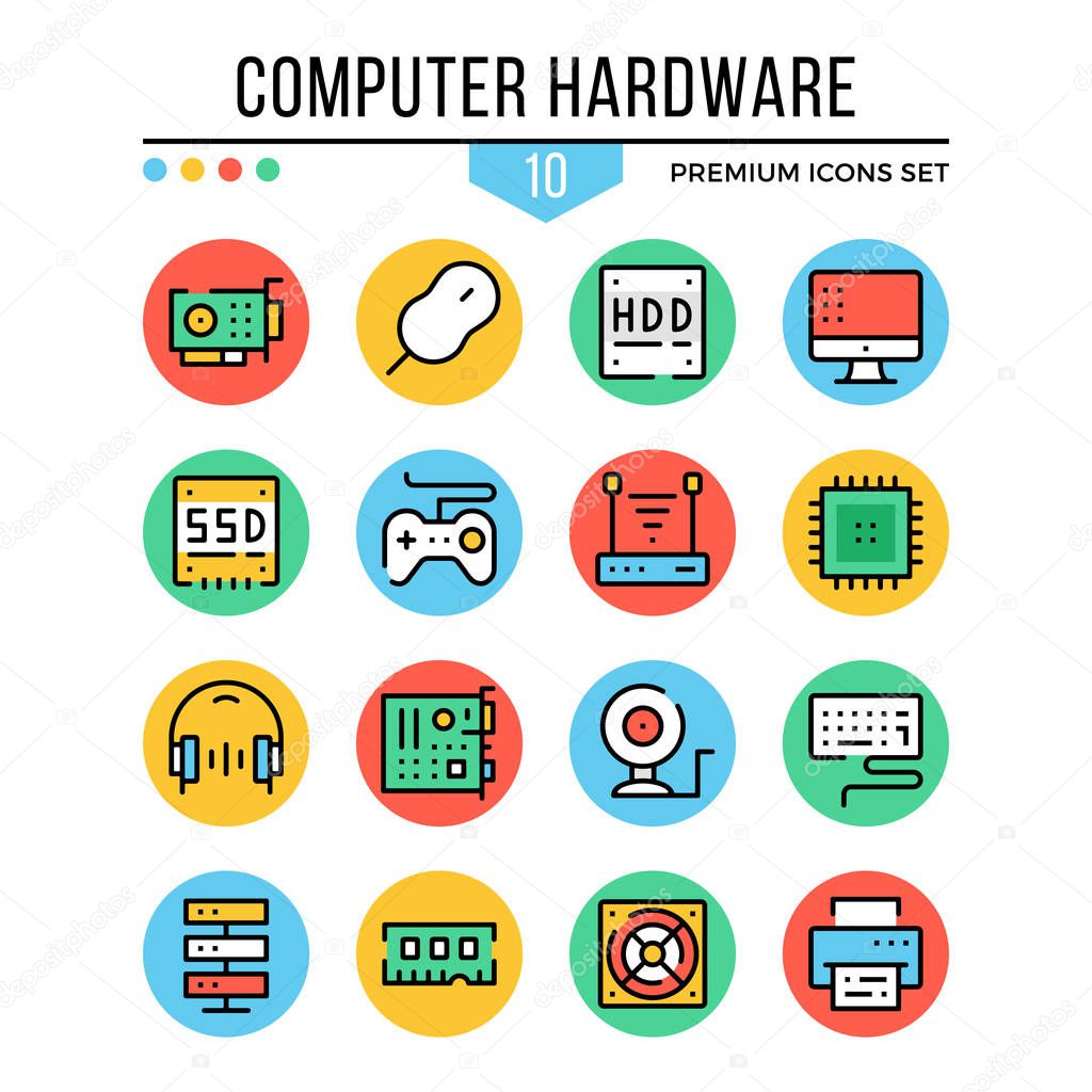 Computer hardware, computer components icons. Modern thin line icons set. Premium quality. Outline symbols collection, flat line icons for web design, mobile app, ui, infographics. Vector illustration