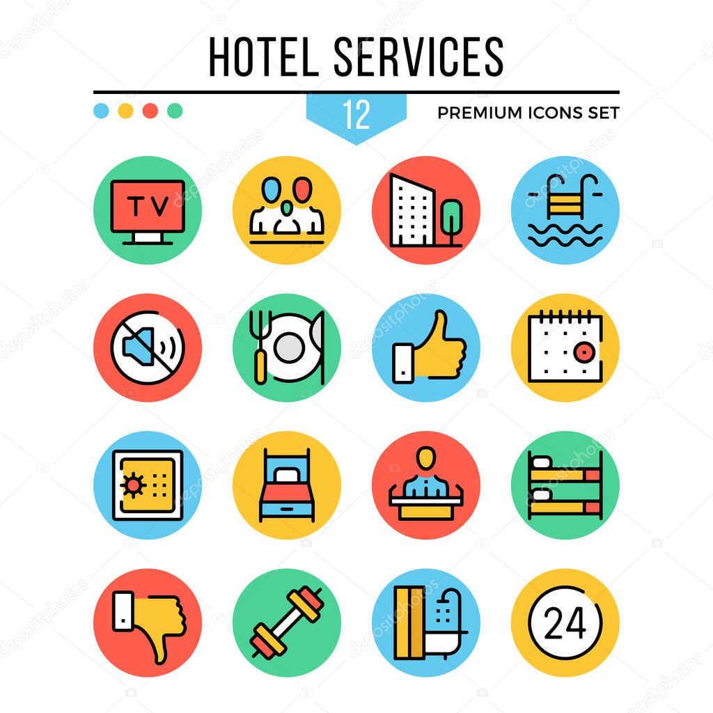 Hotel services icons. Modern thin line icons set. Premium quality. Outline symbols, graphic elements collection, flat line icons for web design, mobile apps, ui, infographics. Vector illustration