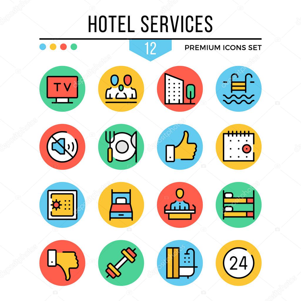 Hotel services icons. Modern thin line icons set. Premium quality. Outline symbols, graphic elements collection, flat line icons. Vector illustration