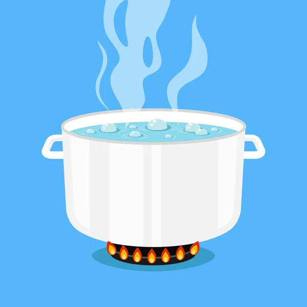 Kokande vatten i kastrull. Vit kokkärl på spis med vatten och ånga. Platt design grafiska element. Vektorillustration — Stock vektor