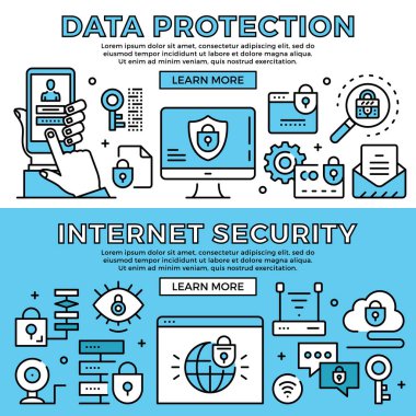 Veri koruma, Internet güvenlik kavramları. Düz tasarım hat afiş ayarlayın. Modern grafik öğeleri, ince çizgi simgeler. Vektör çizim