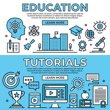 Eğitim, öğreticiler kavramlar. Düz tasarım hat afiş ayarlayın. Modern grafik öğeleri, ince çizgi simgeler. Vektör çizim