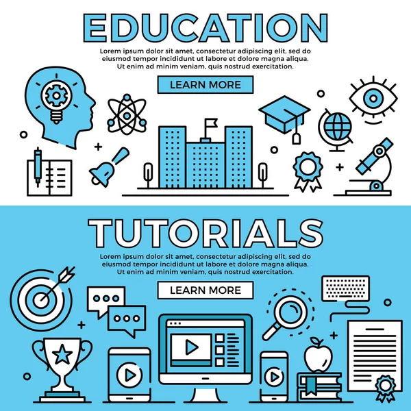 Educação, tutoriais conceitos. Conjunto de banners de linha de design plano. Elementos gráficos modernos, ícones de linha fina. Ilustração vetorial — Vetor de Stock