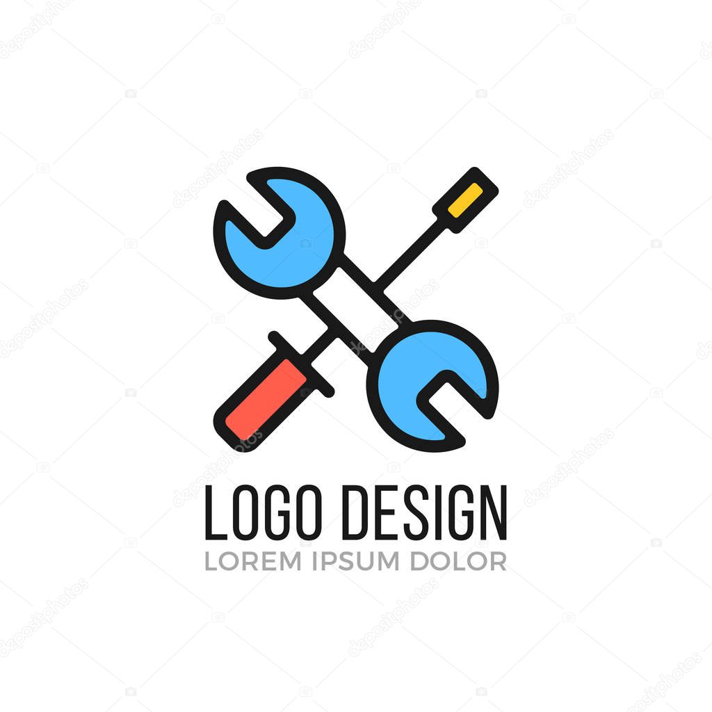 Maintenance, repair logo design concept. Crossed wrench and screwdriver icon. Vector logo