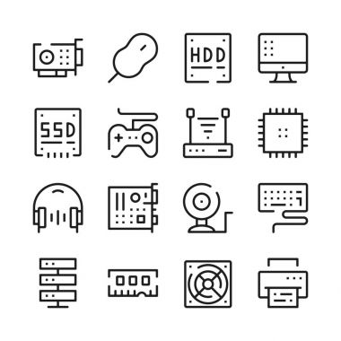 Bilgisayar donanım satır Icons set. Modern grafik tasarım kavramları, basit anahat öğeleri koleksiyonu. Vektör hat simgeler