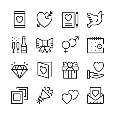 Satır simgeler dating ayarlamak. Modern grafik tasarım kavramları, basit anahat öğeleri koleksiyonu. Vektör hat simgeler