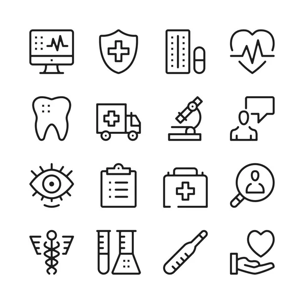 Conjunto de iconos de línea de salud y medicina. Conceptos de diseño gráfico moderno, colección de elementos de contorno simple. Iconos de línea vectorial — Archivo Imágenes Vectoriales