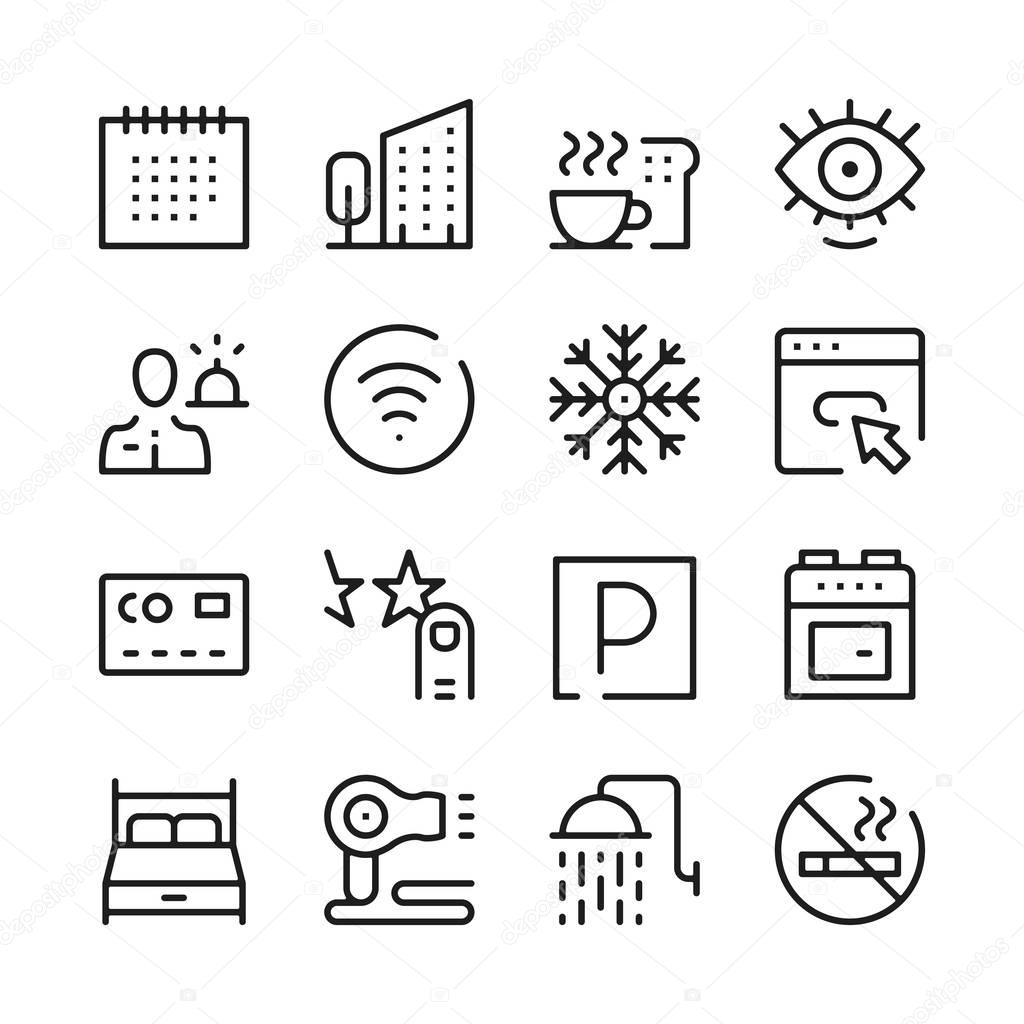 Hotel services and hotel facilities line icons set. Modern graphic design concepts, simple outline elements collection. Vector line icons