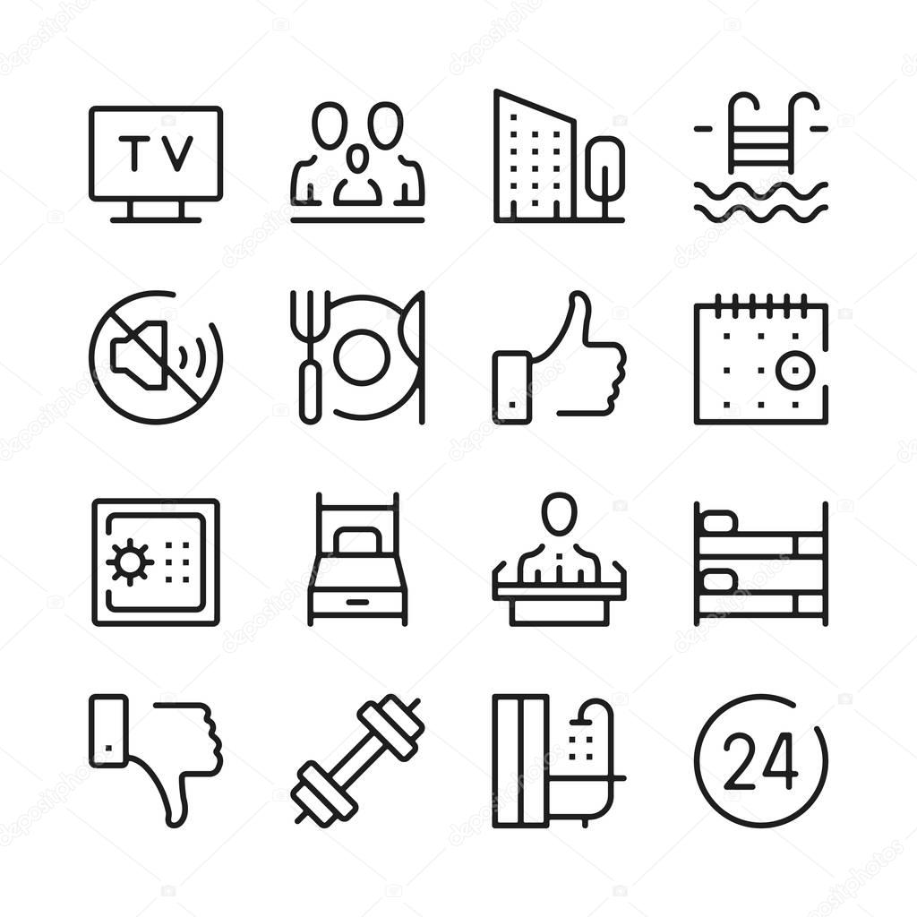 Hotel services and hotel amenities line icons set. Modern graphic design concepts, simple outline elements collection. Vector line icons