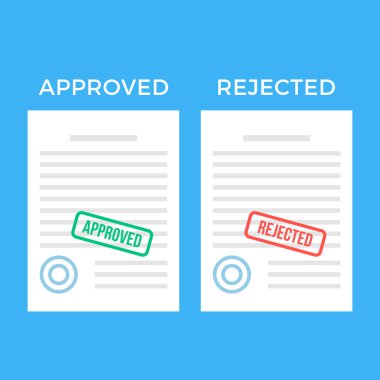 Belgelerle damga onaylanmış ve damga reddetti. Beyaz kağıda. Vize, işe alma, istihdam, iş başvurusu, sözleşme kavramları. Modern düz tasarım grafik öğeleri kümesi. Vektör çizim