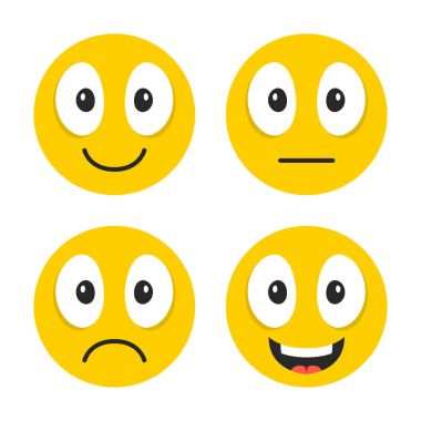 Emoji ayarlayın. Şirin ifadeler. Mutlu, üzgün, tarafsız, emoji gülüyor. Farklı duygular ile Karikatür yüzler. Modern vektör çizim