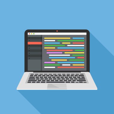 Coding, programming, web development concept. Source code editor with lines of code on laptop screen. Modern flat design graphic elements. Long shadow. Front view. Blue background. Vector illustration clipart svg vector 