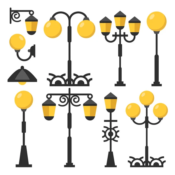 Luces de calle vintage. Negro postes de luz al aire libre, farolas, faroles de la calle colección. Diseño plano vector ilustración — Vector de stock