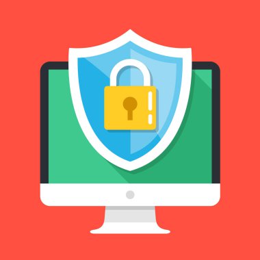 Bilgisayar güvenliği, senin Pc kavramları korumak. Masaüstü bilgisayar ve kalkan simgesi ile asma kilit. Düz tasarım grafik öğeleri. Modern vektör çizim