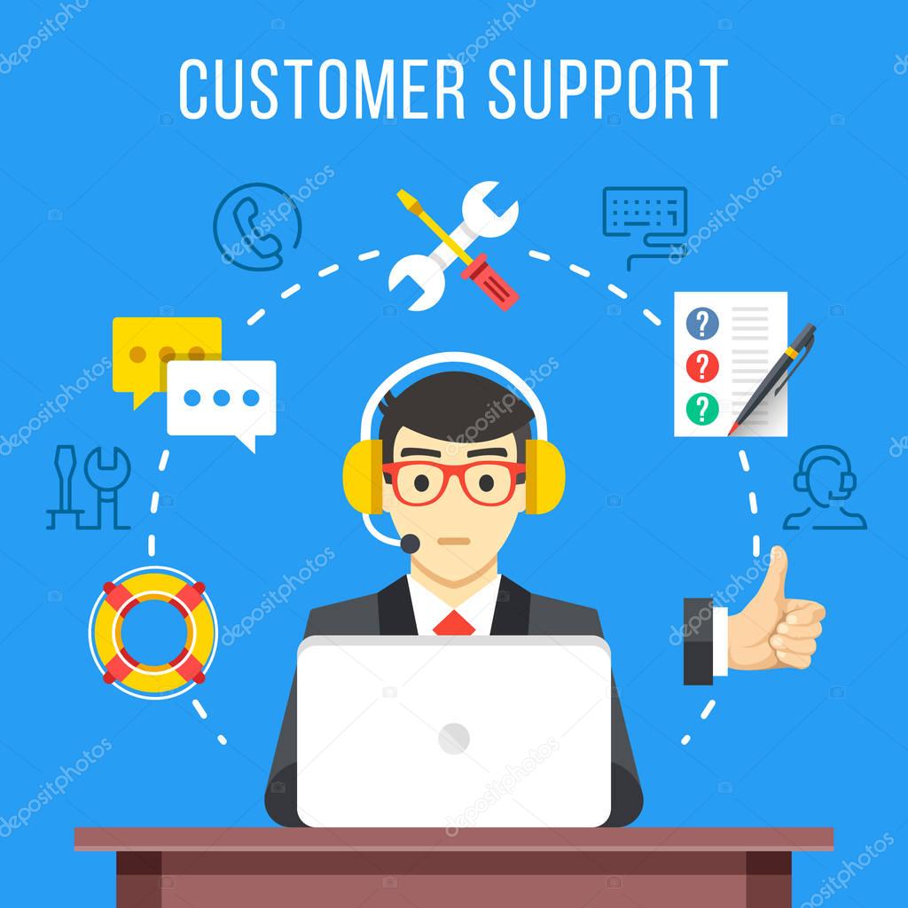 Customer support. Call center operator with headset at computer. Flat icons and thin line icons set, modern flat design graphic elements. Vector illustration