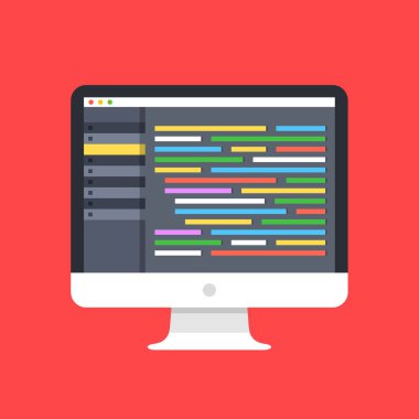 Bilgisayar ekranında şifre yayıncı. Okul sırası Pc kod düzenleyici yazılım GUI ile. Kodlama, programlama, web geliştirme kavramları. Modern düz tasarım vektör çizim