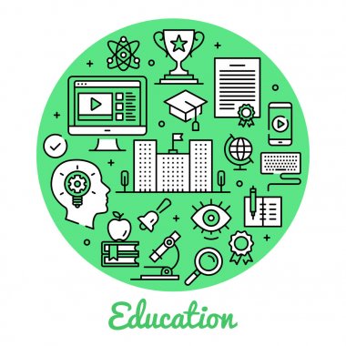 Eğitim. Daire kavramları eğitim afiş. İnce çizgi sanat tasarım. Modern grafik tasarım çizgi simgeler, düz öğeleri ayarlayın. Yaratıcı vektör çizim