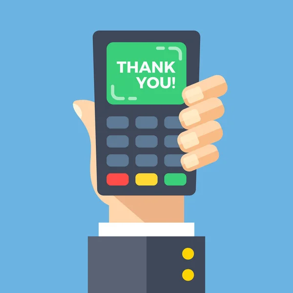 Kreditkartenautomat mit Dankesworten. Hand halten Point of Sale, pos, Zahlungsterminal mit Dankbarkeit gegenüber dem Kunden auf dem Bildschirm. Danke. moderne flache Designvektorillustration — Stockvektor