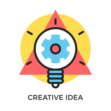 Yaratıcı bir fikir simgesi. İç dişli ve yuvarlak daire ve üçgen geometrik şekiller ile parlayan ampul. Modern düz tasarımı ince hat kavramı. Vektör simgesi