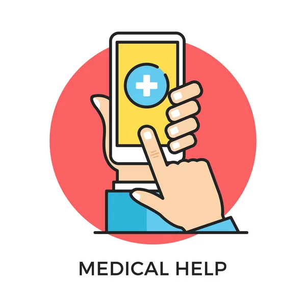 医療のヘルプ アイコン。画面で、画面に触れて指医療アプリとスマート フォンを持っている手。モダンなフラット デザインの細い線の概念。ベクトルのアイコン — ストックベクタ