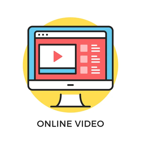 Online video pictogram. Computer met webbrowser met video-sharing website op scherm. Moderne platte ontwerp dunne lijn concepten en elementen. Vector-pictogram — Stockvector
