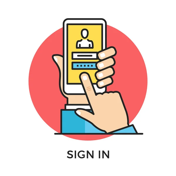 Connectez-vous icône. Main tenant smartphone avec page de connexion et formulaire d'inscription login et mot de passe, doigt touchant l'écran. Design plat moderne concept de ligne mince. Icône vectorielle — Image vectorielle