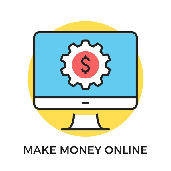 Make money online ikon. Számítógép, hajtómű- és dollár jel-ra képernyő. Modern lapos vékony vonal koncepció. Vektor ikon — Stock Vector