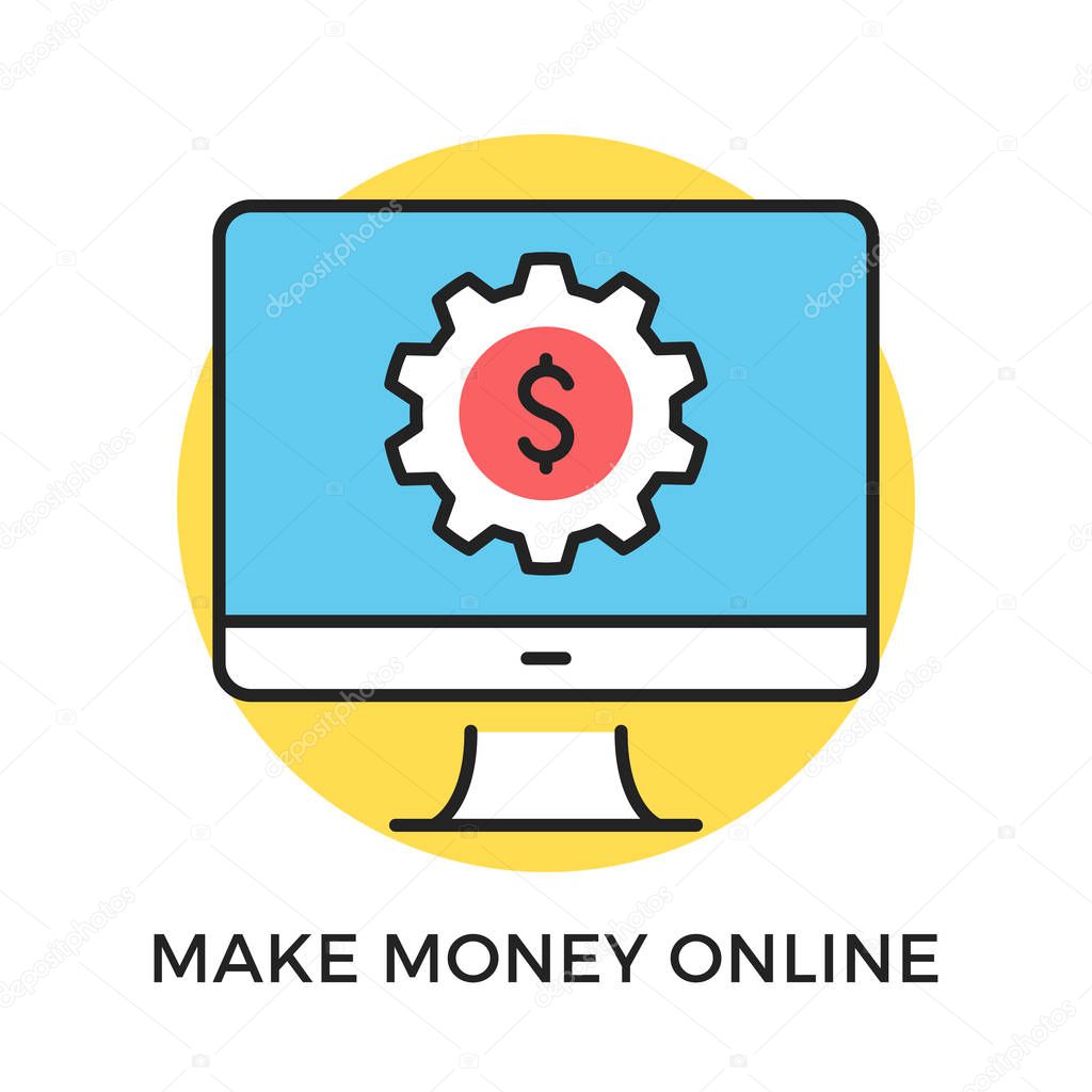 Make money online icon. Computer with gear and dollar sign on screen. Modern flat design thin line concept. Vector icon