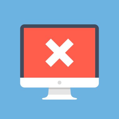 Kırmızı x işareti bilgisayar ekranında. PC, beyaz haç ile masaüstü bilgisayar. Başarısızlık kavramı. Modern düz tasarım vektör çizim