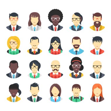 İnsanların avatarları Icons set. İş adamları, Ofis çalışanları, beyaz yaka takım elbise, kravat, yelek, gömlek, ofis kıyafetleri giyiyor. Erkek ve kadın karakter. Modern vektör simgeler