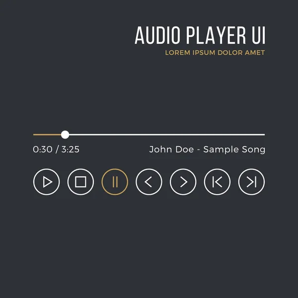 Interfejs odtwarzacza audio. Osi czasu, przycisków, ikony, nazwę wykonawcy, tytuł utworu. Media player ui, biały, złoto gui, czarne tło. Cienka konstrukcja. Minimalistyczne ciemnego motywu. Ilustracja wektorowa — Wektor stockowy