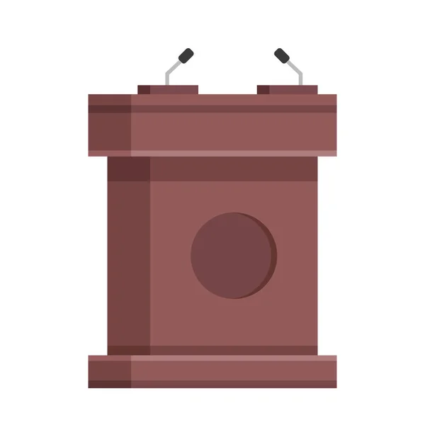 Tribuna de madera con micrófonos. Rostro de madera marrón, podio, soporte. Diseño plano creativo. Ilustración vectorial moderna — Vector de stock