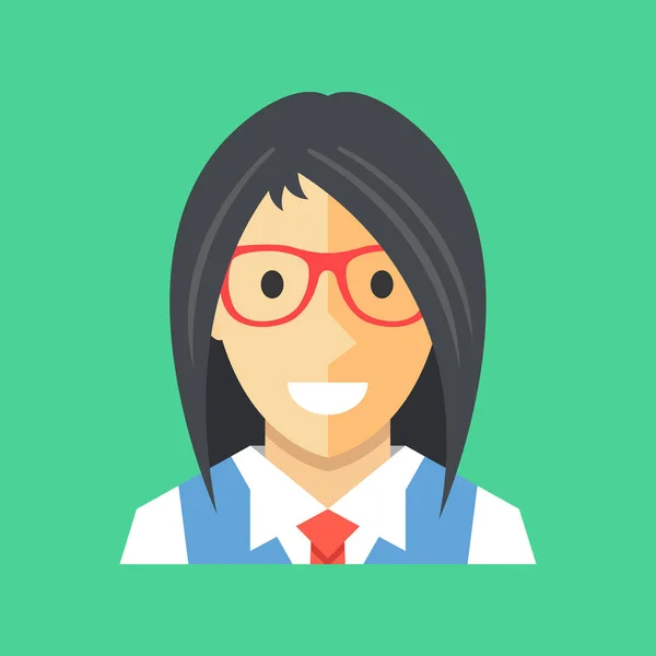 Vector woman icon. Businesswoman, office manager, banker, consultant avatar, profile concepts. Cute female character with long black hair wearing glasses, shirt, vest and tie. Modern flat icon — Stock Vector