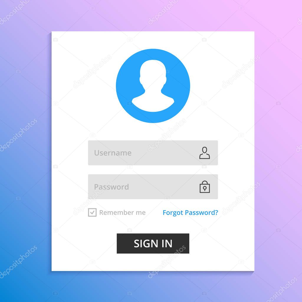 Vector login form page. Sign in to account concept. White login box with shadow. Username, password fields. Modern clean design UI elements with line icons. Premium quality. Trendy gradient background