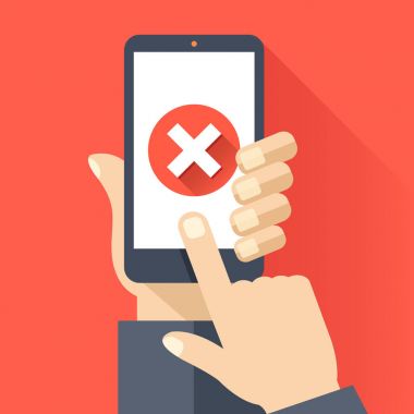 Yuvarlak kırmızı x işareti simgesi ile smartphone akıllı telefon ekranında tutan el. Uzun gölge tasarım. Modern düz tasarım vektör çizim