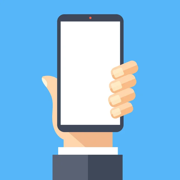 Hand met zwarte smartphone met wit scherm. Mobiele telefoon, mobiele telefoon en leeg scherm concept. Moderne platte ontwerp vectorillustratie — Stockvector